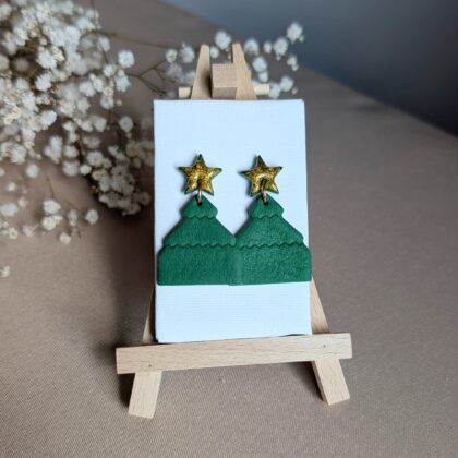 Świąteczne choinki ze złotą gwiazdką - Ręcznie robione kolczyki z modeliny