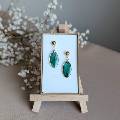 Szmaragdowo-złoty marmurek - Ręcznie robione kolczyki z modeliny