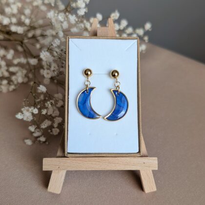 Księżycowy niebiesko-złoty marmurek - Ręcznie robione kolczyki z modeliny