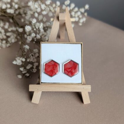 Czerwono-srebrne sześciany - Ręcznie robione kolczyki z modeliny