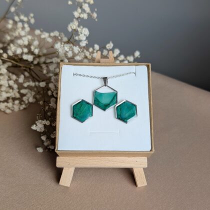 Zielono-srebrny komplet - Ręcznie robiona biżuteria z modeliny