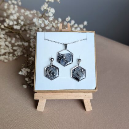 Czarno-srebrny komplet - Ręcznie robiona biżuteria z modeliny