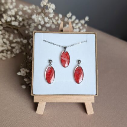 Czerwono-srebrny komplet - Ręcznie robiona biżuteria z modeliny