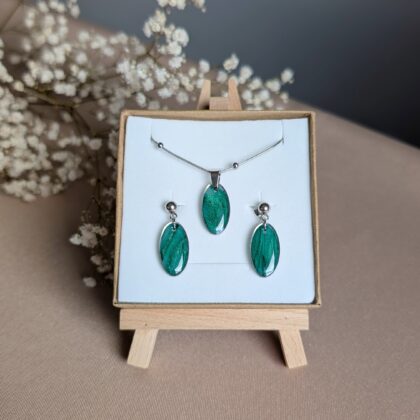 Zielono-srebrny owalny komplet - Ręcznie robiona biżuteria z modeliny