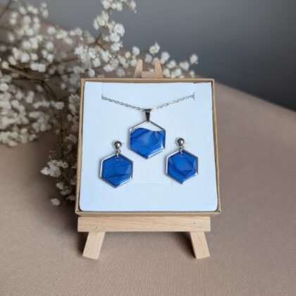 Niebiesko-srebrny komplet - Ręcznie robiona biżuteria z modeliny