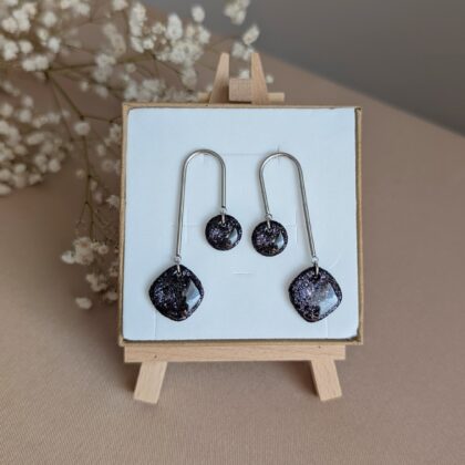 Brokatowe, czarne dwuelementowe - Ręcznie robione kolczyki z modeliny