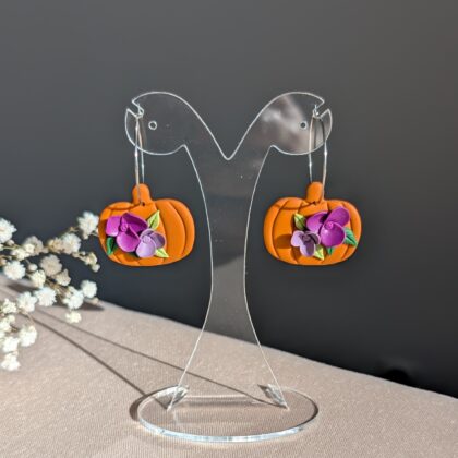Wiszące dynie z kwiatami - Ręcznie robione kolczyki z modeliny